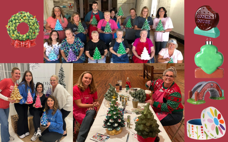 Painted ceramic Christmas tree and seasonal pieces