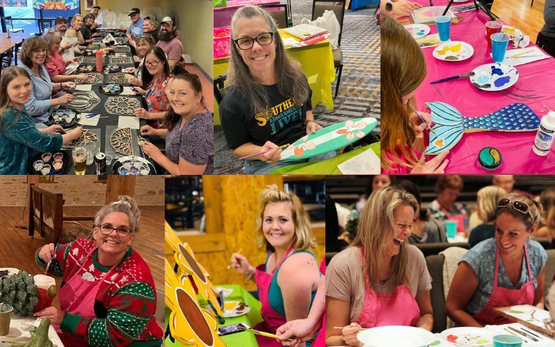 Collage of guests enjoying Create & Sip parties